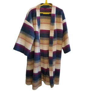 Vintage Womens Longline Open‎ Front Cardigan Striped Fuzzy OSFM Blue Magenta
